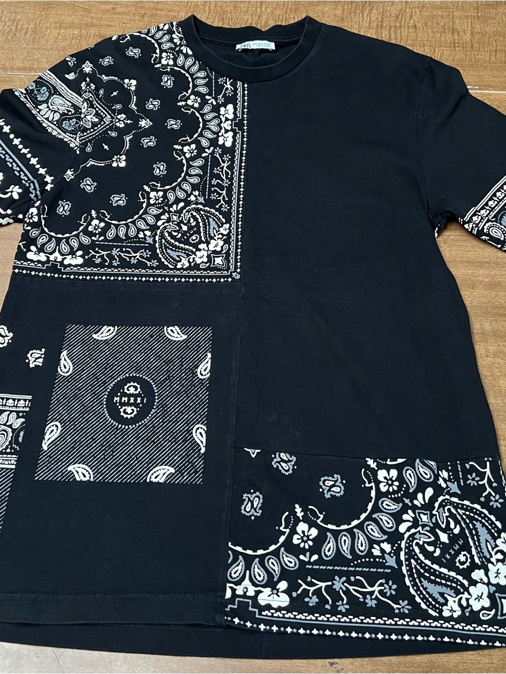 Zara Black and White Bandana Patchwork Short Sleeve Tee